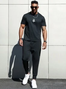Manfinity Homme Men Plus Round Neck Short-Sleeved T-Shirt And Trousers Two-Piece Set - Black - View 1