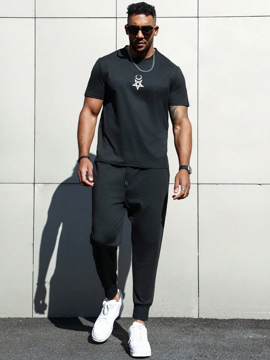 Manfinity Homme Men Plus Round Neck Short-Sleeved T-Shirt And Trousers Two-Piece Set - Black - View 1
