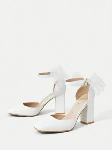 CUCCOO HITCHD 時尚白色pu皮方頭厚跟鞋,女性蝴蝶結高跟鞋