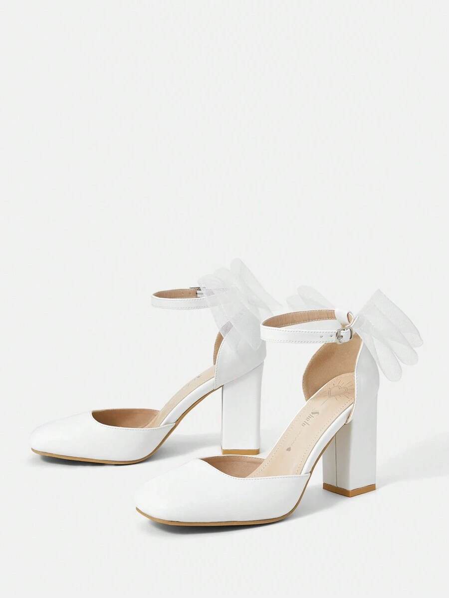 CUCCOO HITCHD 時尚白色pu皮方頭厚跟鞋,女性蝴蝶結高跟鞋