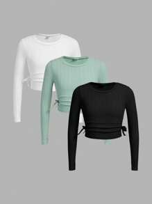 SHEIN Áo thun dệt kim ngắn tay có gân màu trơn dành cho nữ sinh Tween (3 gói) có đường viền cổ tròn - Màu xanh Cadet - Xem 1