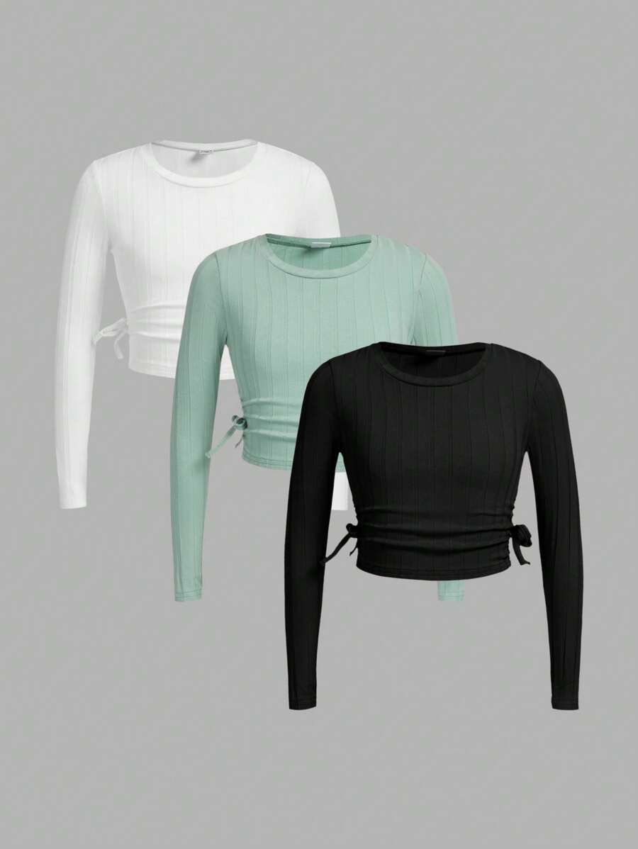 SHEIN Áo thun dệt kim ngắn tay có gân màu trơn dành cho nữ sinh Tween (3 gói) có đường viền cổ tròn - Màu xanh Cadet - Xem 1