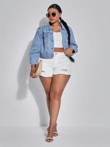 SHEIN SXY 大尺碼女士無彈力牛仔外套,修身百搭 - 藍色 - 查看 4