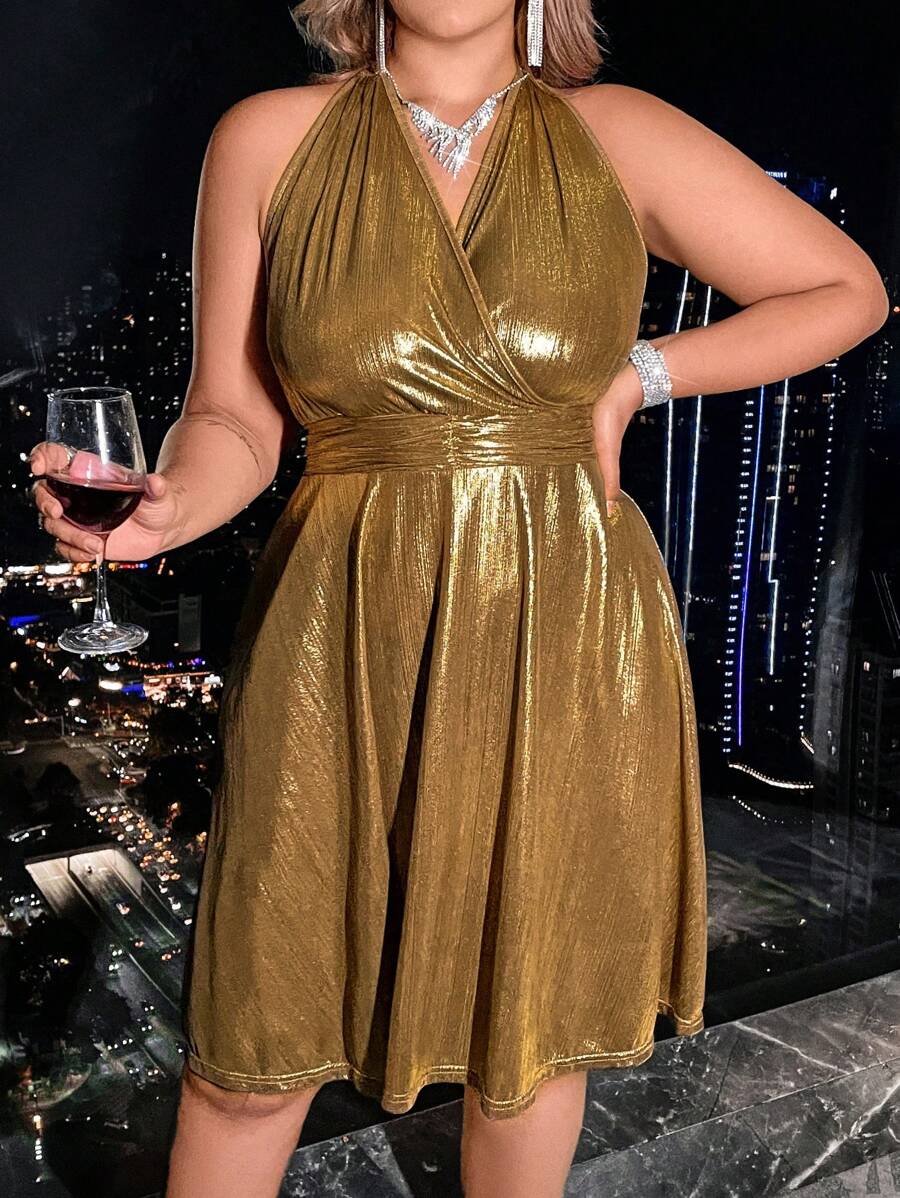 SHEIN Unity Plus Size Women's Sparkling Halter Neck Dress - Gold - View 1