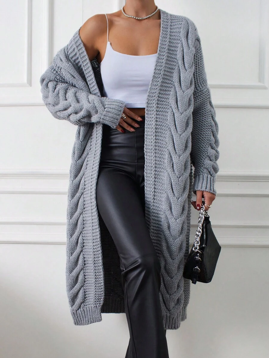 EURMUSE Women's Cable Knit Long Cardigan - Light Grey - View 1