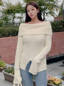 DAZY Của phụ nữ Màu thuần Off Shoulder Áo len - trắng - Xem 4