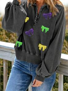 閃亮瑪蒂葛拉特半扣拉根袖運動衫,綁蝴蝶結圖形 - 彩色 - 查看 3