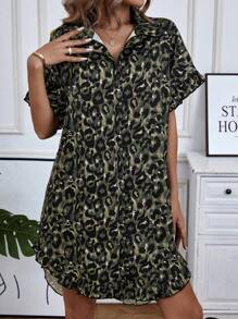 SHEIN LUNE Leopard Print Shirt Dress - Multicolor - View 4