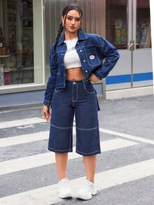 SHEIN ICON Pantalones Cortos Capri de Mezclilla con Bolsillos Cargo - Azul lavado oscuro - Ver 5