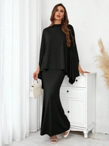 SHEIN Privé Women's Stand Collar Batwing Sleeve Top And Skirt Set - Black - View 5