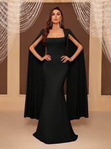 SHEIN Belle Adult Bridesmaid Dress With Split Sleeves, Square Neckline, Cinched Waist And Fish Tail Dress Black Elegant Extra Long Sleeve Formal Evening Prom Wedding Guest Gown, For Graduation, Dinner Party Dress - Black - View 7