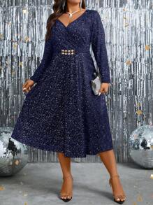 SHEIN Clasi Vestido Con Cinturón Y Purpurina De Talla Grande - Azul Marino - Ver 3