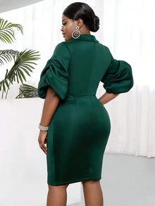Plus Lapel Neck Puff Sleeve Bodycon Dress - Dark Green - View 3
