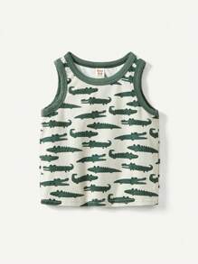 Cozy Pixies Baby Boy Cartoon Crocodile Pattern Tank Tops With Color Block Round Neck, 3pcs/Set