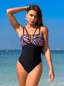 SHEIN Swim 夏季女士斑马纹镂空细节连体泳衣狂欢节 - 黑色 - 查看 3