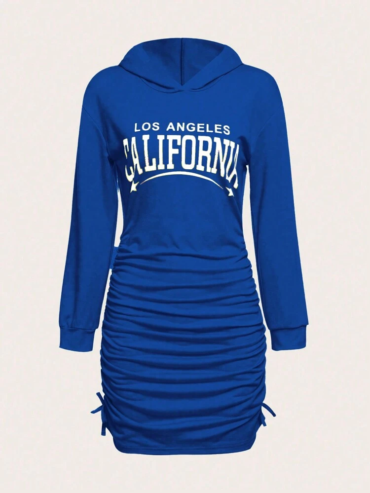 Teen Girls' Y2k Streetwear Academy Letter Printed Hooded Sweatshirt Dress With Ruffle Hem