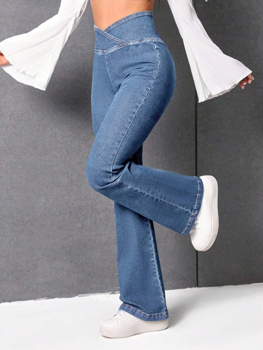 SHEIN EZwear Women'S High Waisted Flare Jeans - Light Wash - View 1
