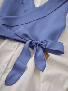 Calvaya Vrouwen Colorblock Front Tie Lange Mouw 2 In 1 Blouse Dames Shirt