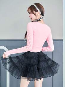 SHEINNeu Balletcore 甜美镂空丝带蝴蝶结蕾丝花边长袖粉色 T 恤生日女士服装春季女士衣服 - 粉色 - 查看 2