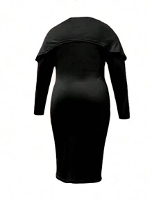 Maweii Plus Size Women's Fold-Over Collar Bodycon Dress - Black - View 2