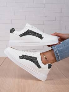 女士黑白系帶輕質皮革拼接平底運動鞋,休閒運動鞋 - 黑與白 - 查看 3