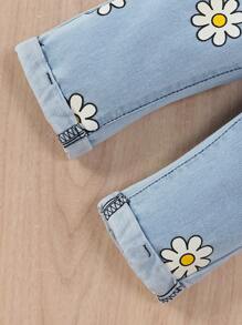 Baby Girl Holiday Style Cute Floral Printed Top And Loose Comfortable Elastic Waist Jeans Set - Multicolor - View 3