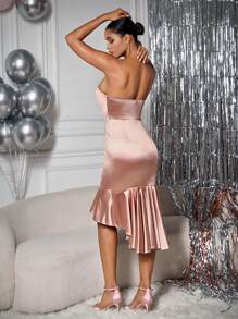 Zolique Vestido De Banda De Satén Con Diseño Sin Tirantes Y Cola De Sirena Para Mujer - Rosa vieja - Ver 2