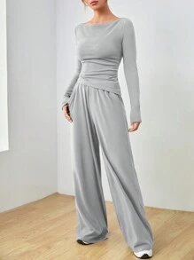 SHEIN EZwear Dệt kim Của phụ nữ Tay áo dài Áo thun Và Quần Bộ - Màu Xám nhạt - Xem 5