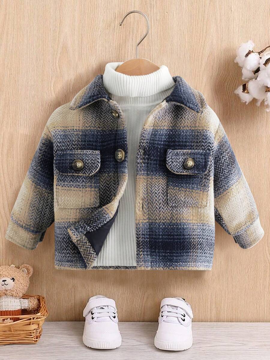 Baby Girls' Plaid Flap Pocket Woolen Coat - Navy Blue - View 1