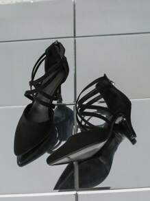 少女性感尖頭跨綁細跟黑色高跟鞋 - 黑色 - 查看 3