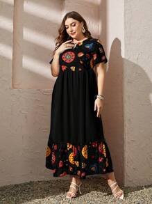 Al Najma Plus Size Random Print Short Sleeve Dress Maxi Women Outfit - Black - View 1