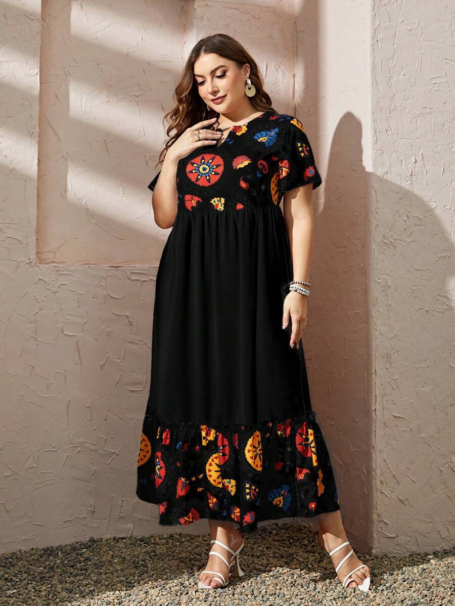 Al Najma Plus Size Random Print Short Sleeve Dress Maxi Women Outfit - Black - View 1
