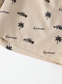 SHEIN 2pcs/Set Tween Boys' Elastic Waistband Tropical Plant & Letter Print Casual Shorts For Summer - Khaki - View 7