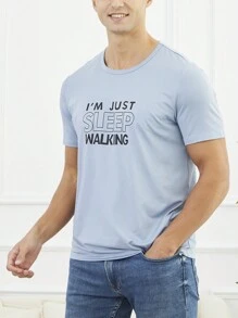 Men's Slogan Printed Homewear Top - Blue - View 5