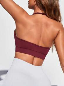 SHEIN Yoga Basic Women's Backless Halter Neck Sports Bra - Burgundy - View 3