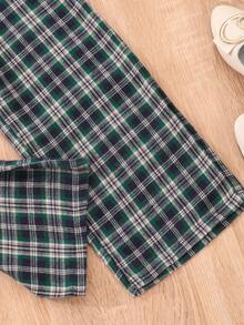 SHEIN Tween Girls' Round Neck Long Sleeve T-Shirt, College Style Plaid Jumpsuit & Hat Set, Autumn/Winter - Green - View 8