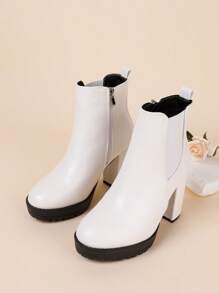 女性厚底高跟防水平臺圓頭彈力側拉鍊時尚白色靴子,適用於春季、秋季、冬季 - 白色 - 查看 4