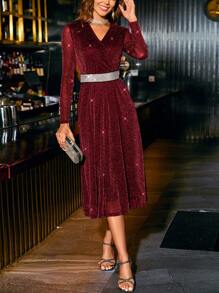 SHEIN Clasi 女士交叉領長袖裙,無腰帶款式 - 酒紅色 - 查看 3