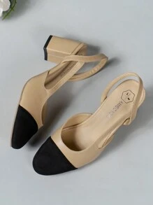 女士中空設計多彩裝飾圓頭粗跟高跟鞋，春夏優雅風格，杏色高跟鞋 - 杏色 - 查看 5