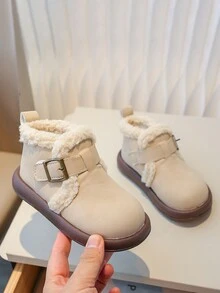 冬季休閒運動風格鬆軟內襯舒適保暖皮質踝靴兒童款 - 米色 - 查看 2