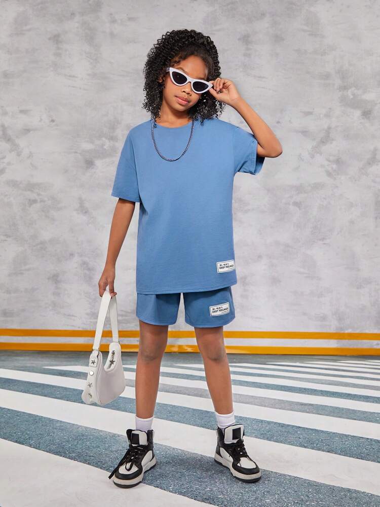 Tween Girls' Casual Knit Round Neck Short Sleeve Top And Shorts Set For Daily Wear