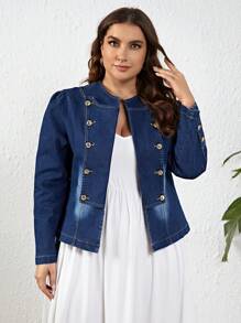 SHEIN Privé Kích thước lớn Nút Đồ trang trí Áo khoác denim Với Mở Mặt trước - Rửa nhẹ - Xem 3