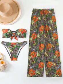 SHEIN Swim Women'S Three Piece Set Plant & Leopard Printed Bandeau Bikini Summer - Multicolor - View 8