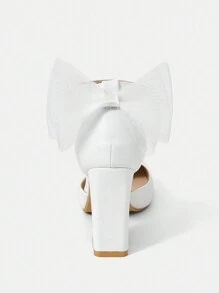 CUCCOO HITCHD 時尚白色pu皮方頭厚跟鞋,女性蝴蝶結高跟鞋