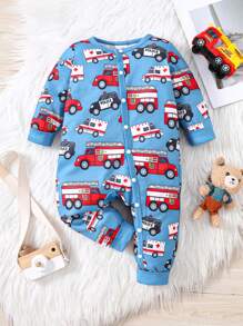 男嬰可愛印花車長袖連身衣,春秋 - 藍色 - 查看 1