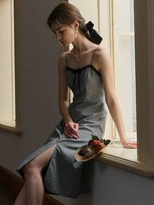 涤纶千鸟格纹系带吊带裙 - 黑與白 - 查看 6