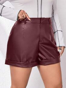 SHEIN Essnce 女性加大號卷邊pu皮短褲