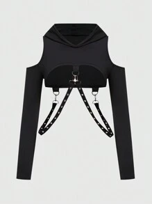 ROMWE Grunge Punk Ultra Short Hooded Spliced Sweatshirt With Chain For Women, School,Long Sleeve Tops Graduation,Back To School Outfits,Graduation,Teacher Outfits For Women,Back To School