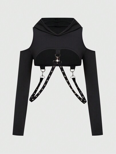 Grunge Punk Ultra Short Hooded Spliced Sweatshirt With Chain For Women, School,Long Sleeve Tops Graduation,Back To School Outfits,Graduation,Teacher Outfits For Women,Back To School