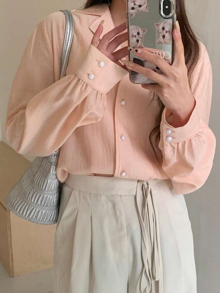 Ladies' Plain Turn-Down Collar Long Sleeve Loose Fit Shirt